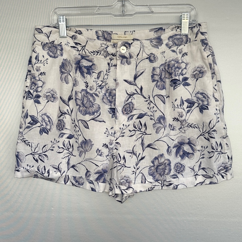 Cynthia Rowley Linen Blue Floral Shorts Sz 12 Pleated Front Cuffed Pockets